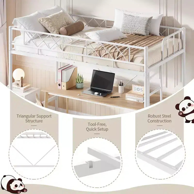 Lit mezzanine double pour adolescents et adultes, cadre de lit mezzanine en métal avec barrière de sécurité et échelle à barreaux plats, lattes en acier robustes, design peu encombrant