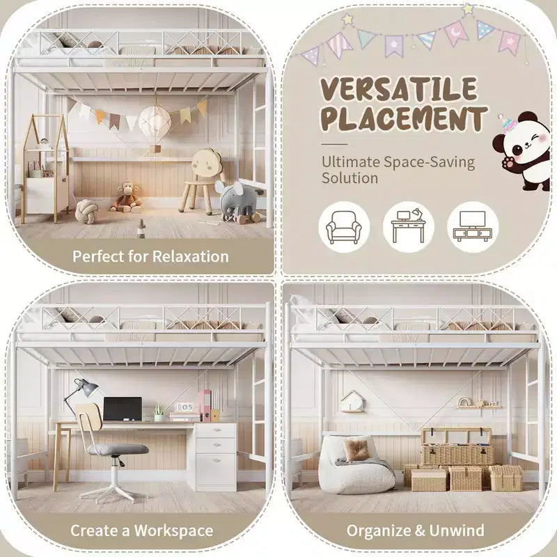 Lit mezzanine double pour adolescents et adultes, cadre de lit mezzanine en métal avec barrière de sécurité et échelle à barreaux plats, lattes en acier robustes, design peu encombrant