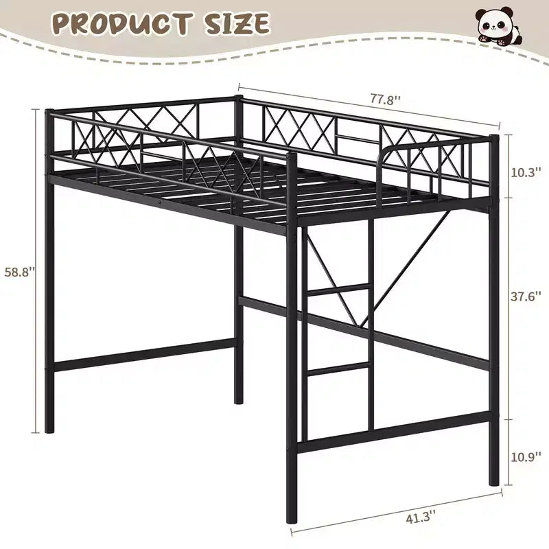 Lit mezzanine double pour adolescents et adultes, cadre de lit mezzanine en métal avec barrière de sécurité et échelle à barreaux plats, lattes en acier robustes, design peu encombrant