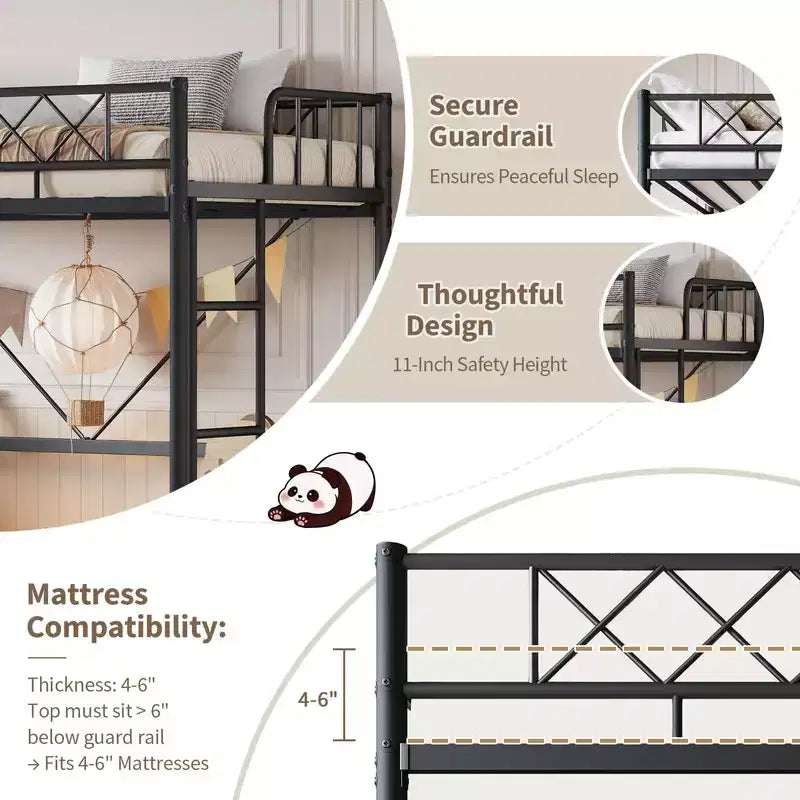 Lit mezzanine double pour adolescents et adultes, cadre de lit mezzanine en métal avec barrière de sécurité et échelle à barreaux plats, lattes en acier robustes, design peu encombrant