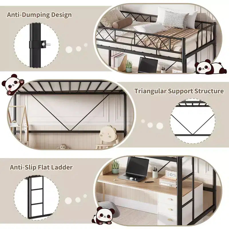 Lit mezzanine double pour adolescents et adultes, cadre de lit mezzanine en métal avec barrière de sécurité et échelle à barreaux plats, lattes en acier robustes, design peu encombrant