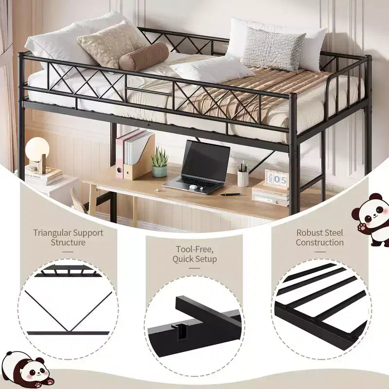 Lit mezzanine double pour adolescents et adultes, cadre de lit mezzanine en métal avec barrière de sécurité et échelle à barreaux plats, lattes en acier robustes, design peu encombrant
