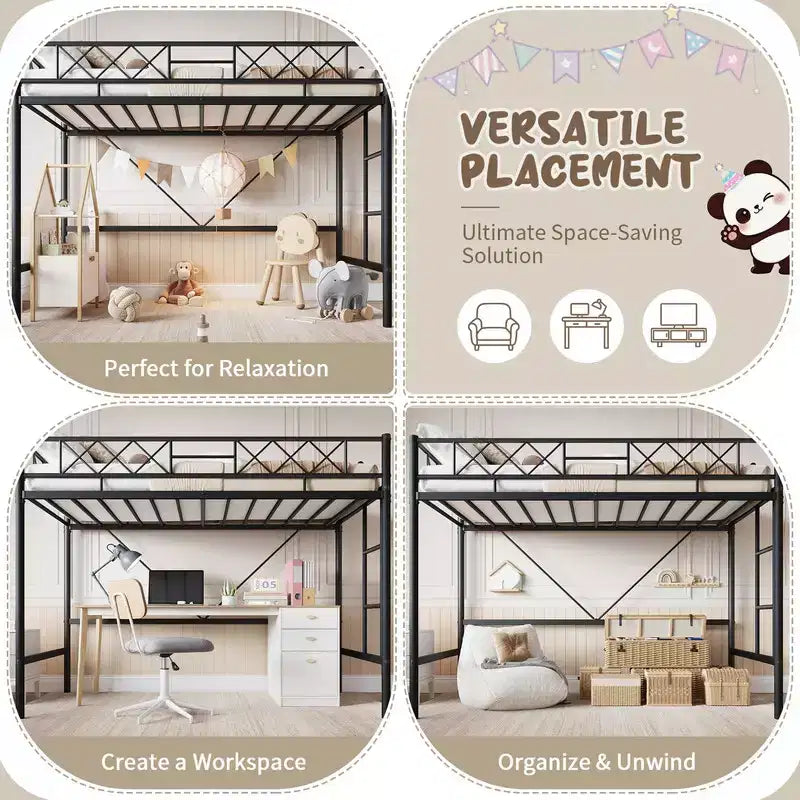 Lit mezzanine double pour adolescents et adultes, cadre de lit mezzanine en métal avec barrière de sécurité et échelle à barreaux plats, lattes en acier robustes, design peu encombrant