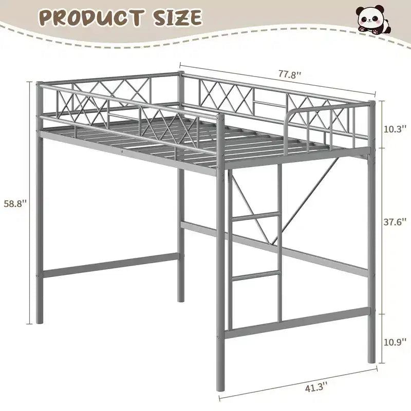 Lit mezzanine double pour adolescents et adultes, cadre de lit mezzanine en métal avec barrière de sécurité et échelle à barreaux plats, lattes en acier robustes, design peu encombrant