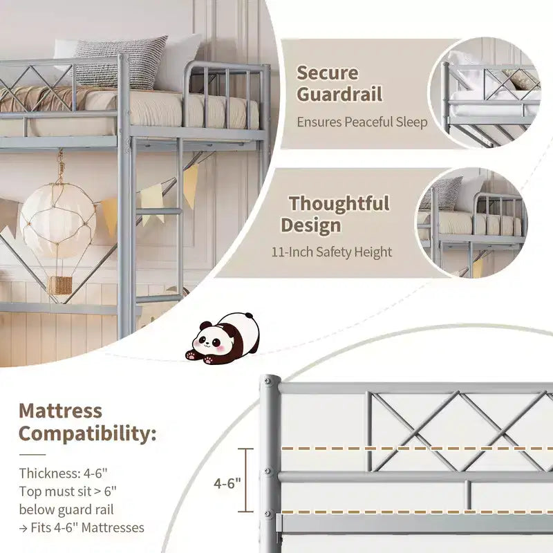 Lit mezzanine double pour adolescents et adultes, cadre de lit mezzanine en métal avec barrière de sécurité et échelle à barreaux plats, lattes en acier robustes, design peu encombrant