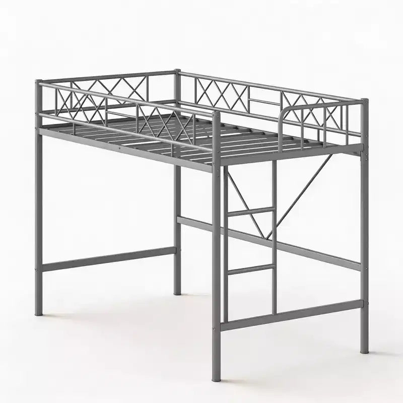 Lit mezzanine deux places avec garde-corps de sécurité arqué et échelle de sécurité, cadre en métal robuste avec lattes en acier solides, pas besoin de sommier tapissier, gain de place