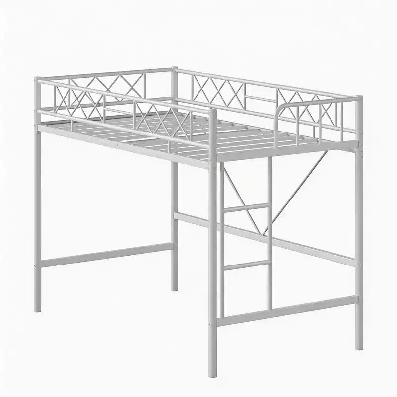 Lit mezzanine deux places avec garde-corps de sécurité arqué et échelle de sécurité, cadre en métal robuste avec lattes en acier solides, pas besoin de sommier tapissier, gain de place