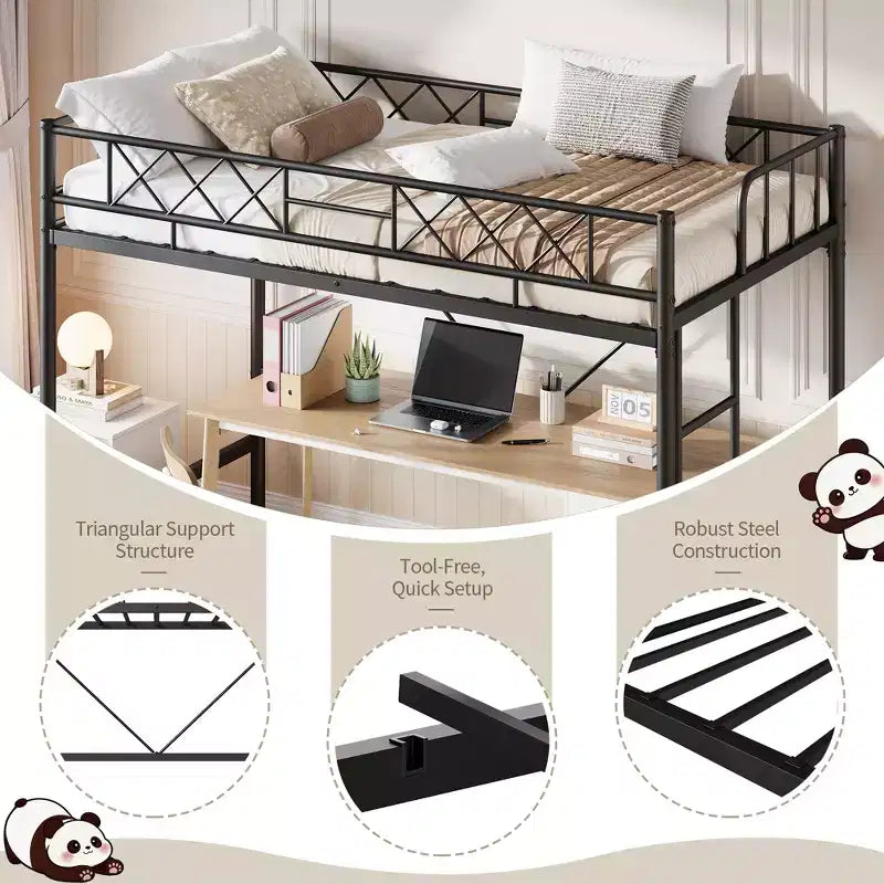 Lit mezzanine deux places avec garde-corps de sécurité arqué et échelle de sécurité, cadre en métal robuste avec lattes en acier solides, pas besoin de sommier tapissier, gain de place