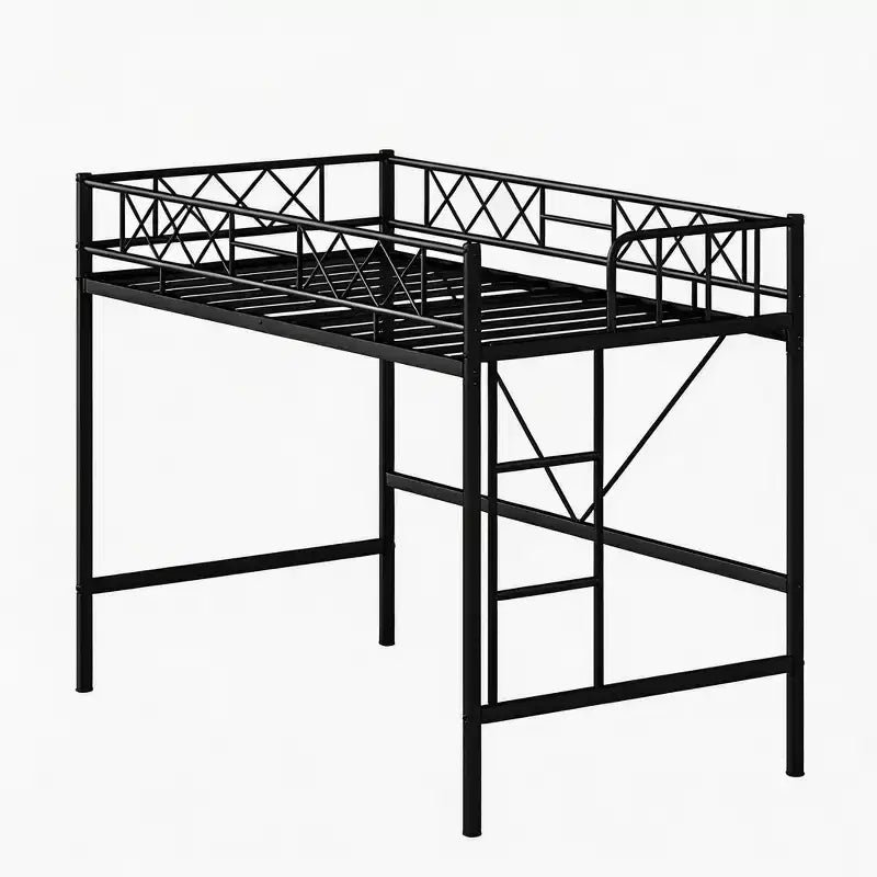 Lit mezzanine deux places avec garde-corps de sécurité arqué et échelle de sécurité, cadre en métal robuste avec lattes en acier solides, pas besoin de sommier tapissier, gain de place