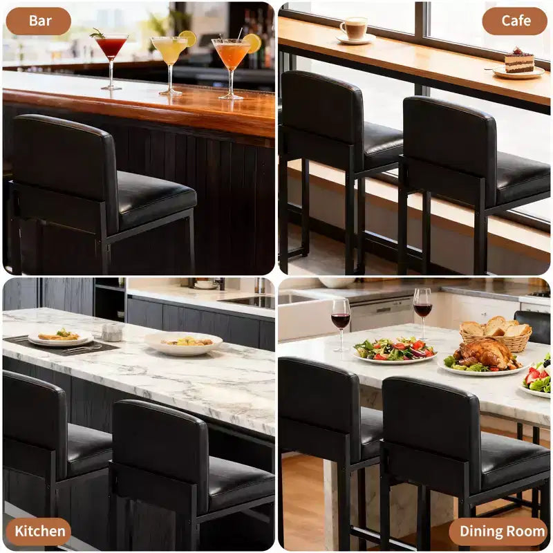 Lot de 2 tabourets de bar modernes hauteur comptoir, chaises rembourrées en similicuir noir avec dossier et pieds en métal robustes pour îlot de cuisine et bar à domicile