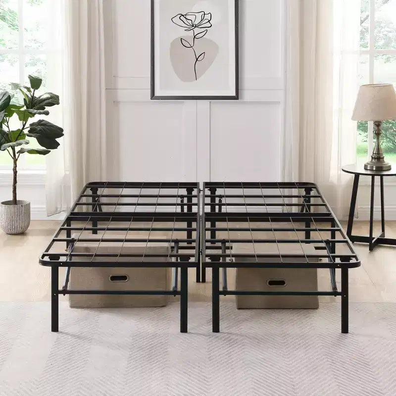 Cadre de lit plateforme pliable en métal Bellemave, 14 lattes en acier robuste, aucun sommier tapissier requis, assemblage facile, rangement sous le lit, noir, taille Queen/King