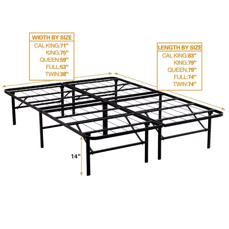 Cadre de lit plateforme pliable en métal Bellemave, 14 lattes en acier robuste, aucun sommier tapissier requis, assemblage facile, rangement sous le lit, noir, taille Queen/King
