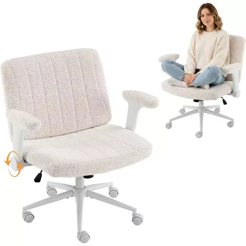 VINGLI Criss Cross Chair with Adjustable Flip-Up Arms,Cross Legged Chair with Wheels,Extra Wide Office Chair,Desk Chair for Home Office,Vanity