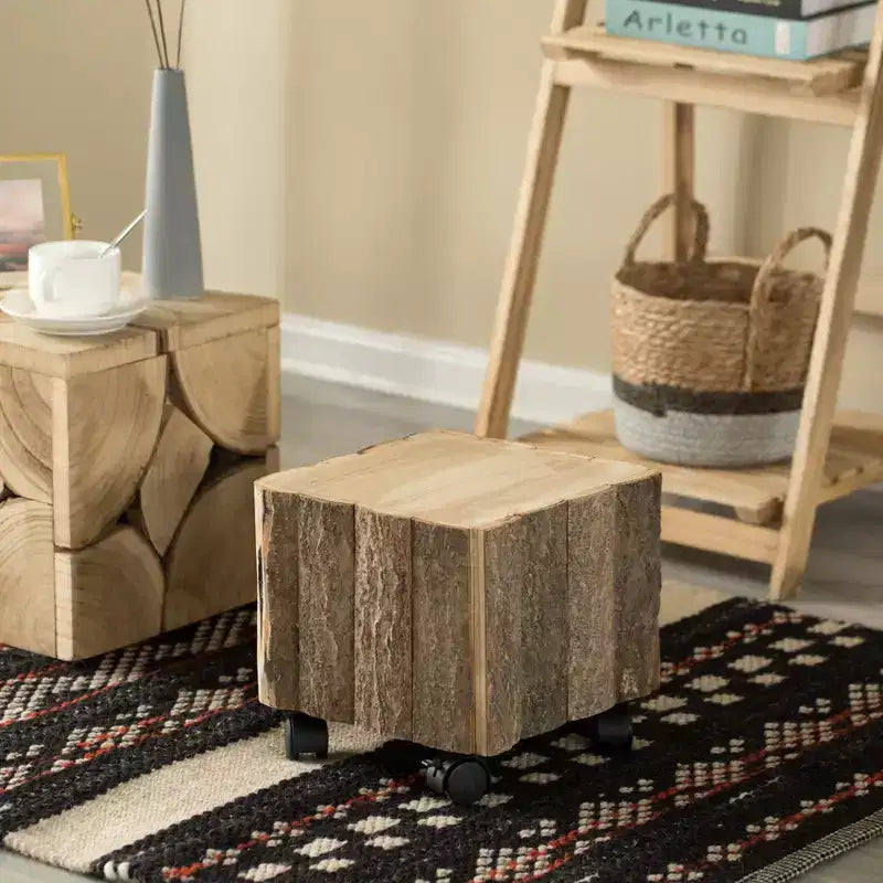 Tabouret carré décoratif Vintiquewise en bois naturel, avec roulettes pour intérieur et extérieur
