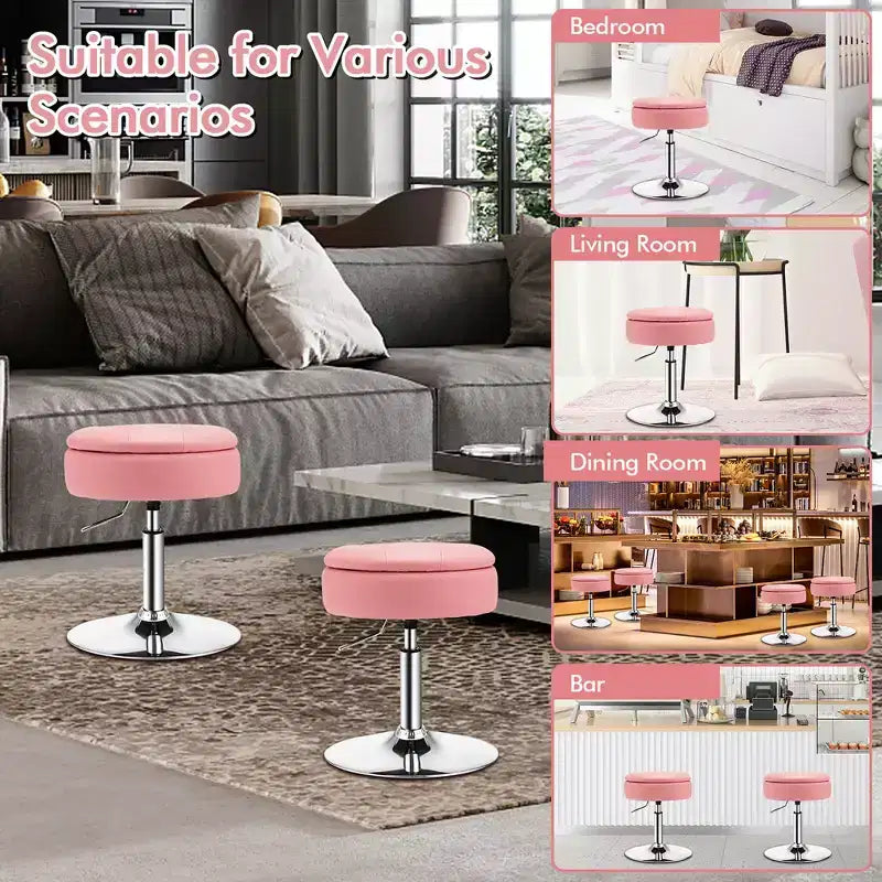 Lot de 4 tabourets de coiffeuse réglables, pivotants à 360°, avec rangement et plateau de maquillage, blanc/noir/rose