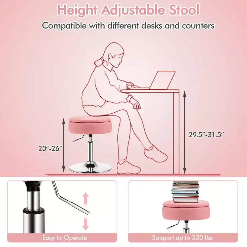 Lot de 4 tabourets de coiffeuse réglables, pivotants à 360°, avec rangement et plateau de maquillage, blanc/noir/rose