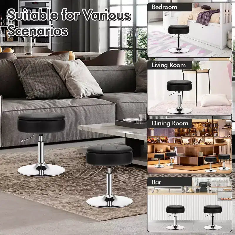 Lot de 4 tabourets de coiffeuse réglables, pivotants à 360°, avec rangement et plateau de maquillage, blanc/noir/rose