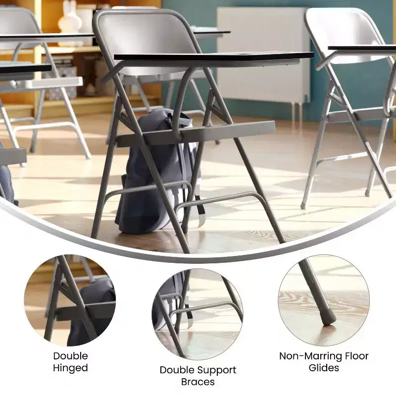 Emma et Oliver Lot de 2 chaises pliantes beiges en acier de qualité supérieure avec tablette écritoire à droite - Chaise événementielle