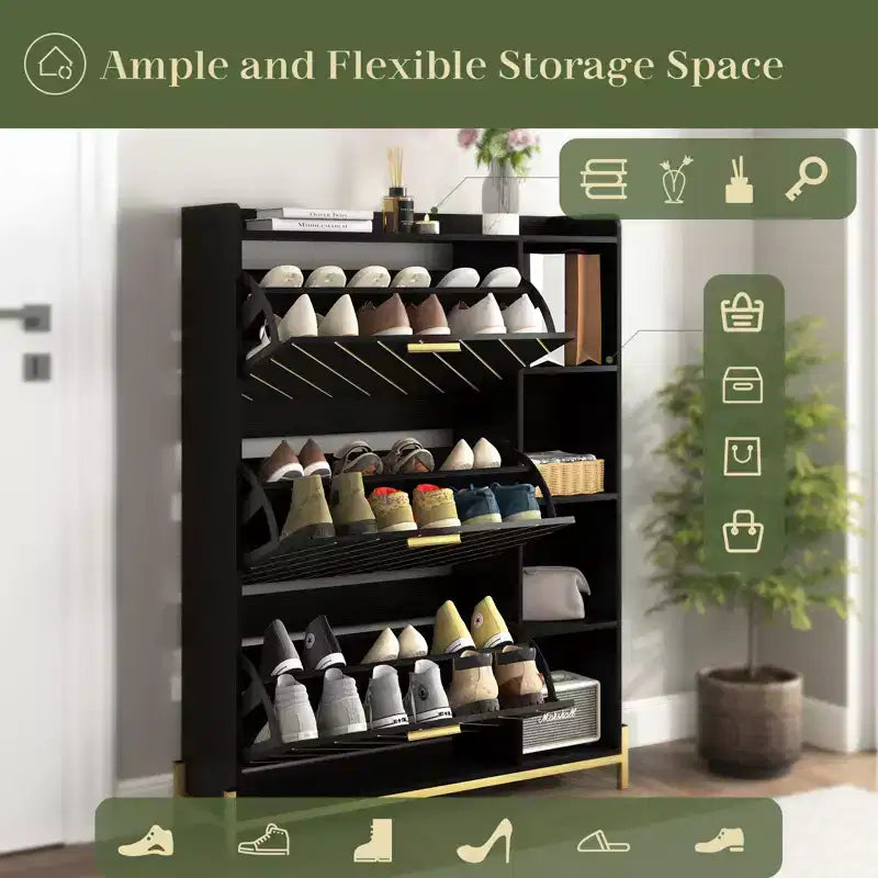 Meuble à chaussures moderne avec 3 tiroirs basculants et étagères ouvertes, en bois, organisateur de chaussures autoportant 4M