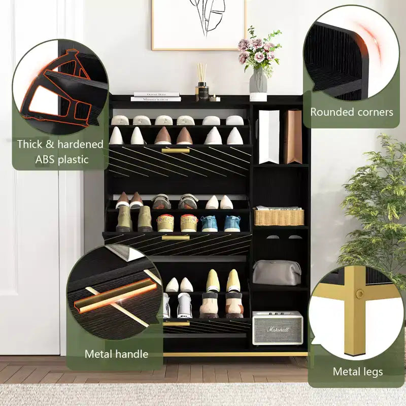 Meuble à chaussures moderne avec 3 tiroirs basculants et étagères ouvertes, en bois, organisateur de chaussures autoportant 4M