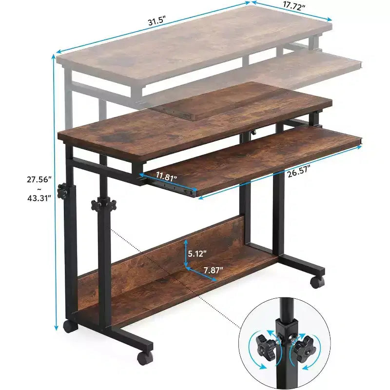 Bureau portable à roulettes pour ordinateur portable, réglable en hauteur