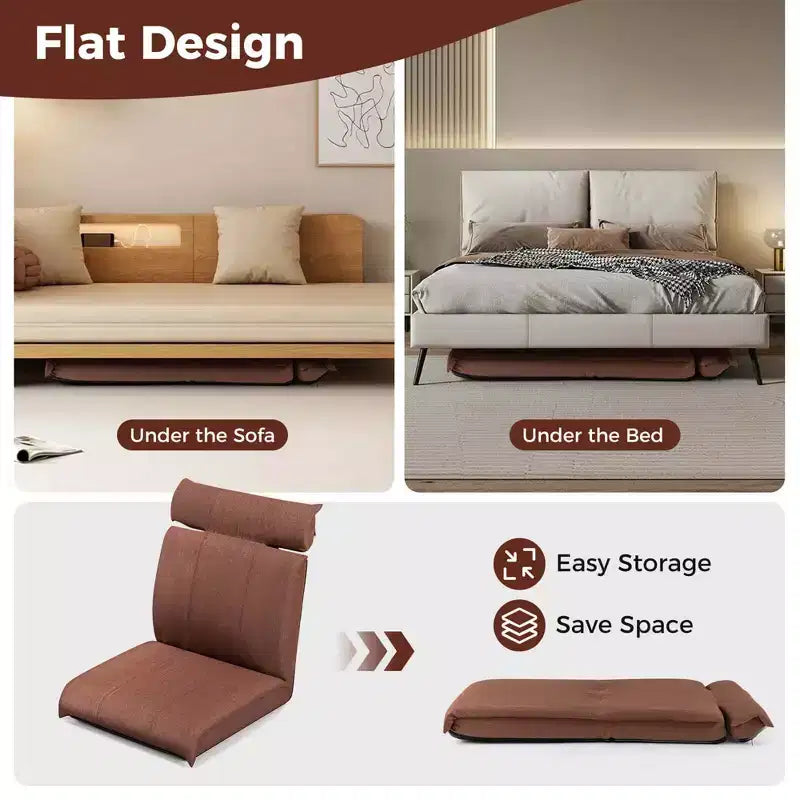 Chaise de sol pliable avec dossier réglable sur 14 positions et appuie-tête réglable