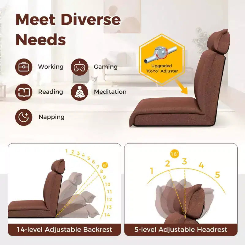 Chaise de sol pliable avec dossier réglable sur 14 positions et appuie-tête réglable